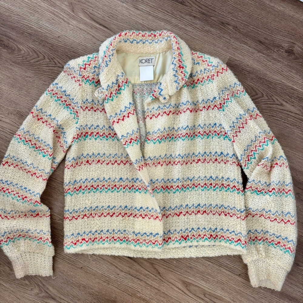Vintage Koret Cream Multicolor Zigzag Mohair Knit Sweater Cardigan